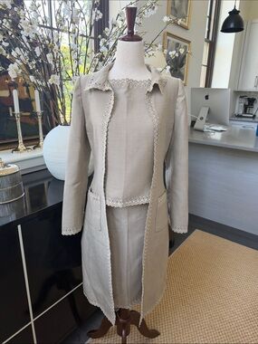 Oscar de la Renta Beige Crochet-Trim Coat and Dress Set